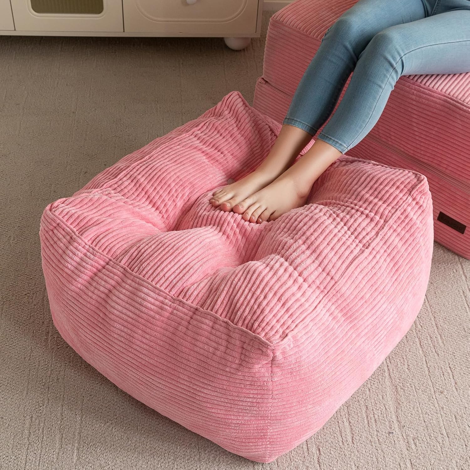 Square Stuffed Pouf Ottoman Corduroy Poufs W/ Foam Chunk Filling Furry & Fluffy