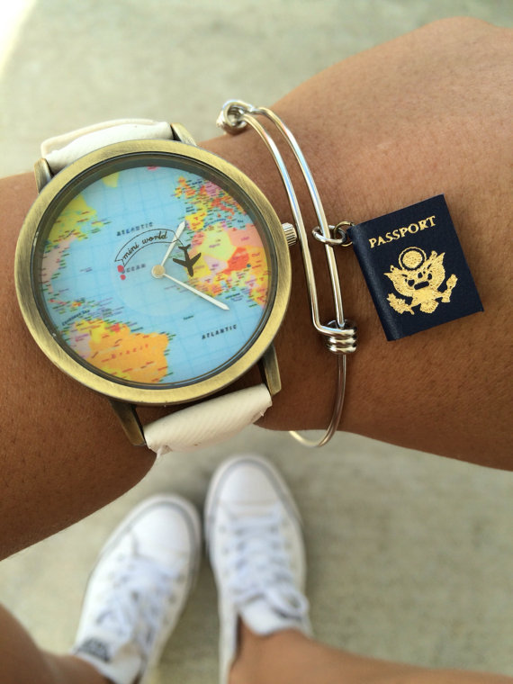 World Traveler Passport Bangle Globetrotter Travel Silver Charm Bracelet Gift