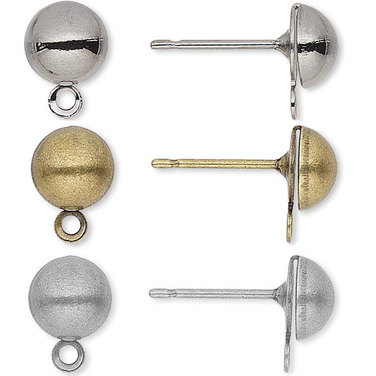 10 Post Earring Finding Studs With 6mm Half Ball & Closed Loop For Dangle Charms
