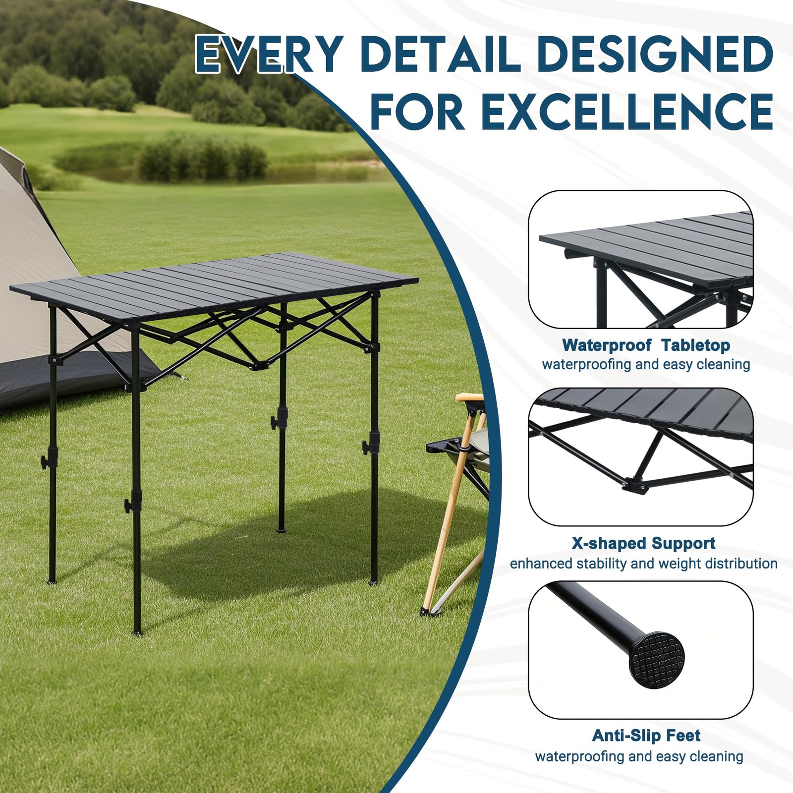 Folding Camping Table, Adjustable Height Aluminum Camp Table with Roll Up Top...
