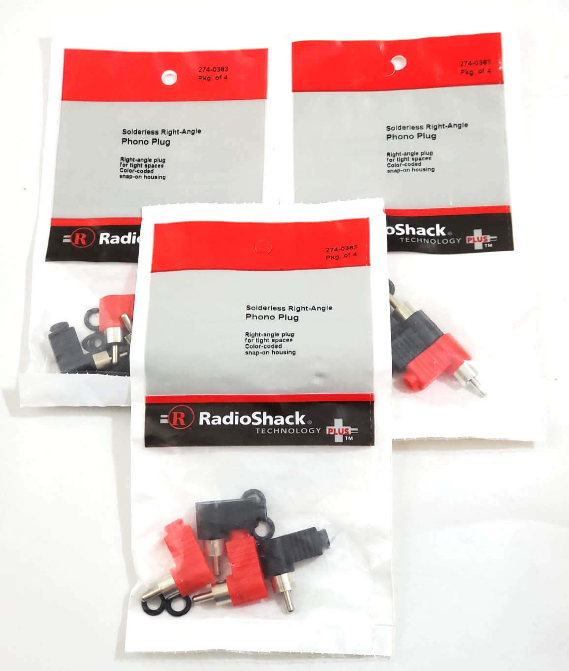 Lot of 3 Radio shack 274-0383 Packs of Solderless Right-Angle Phono Plugs