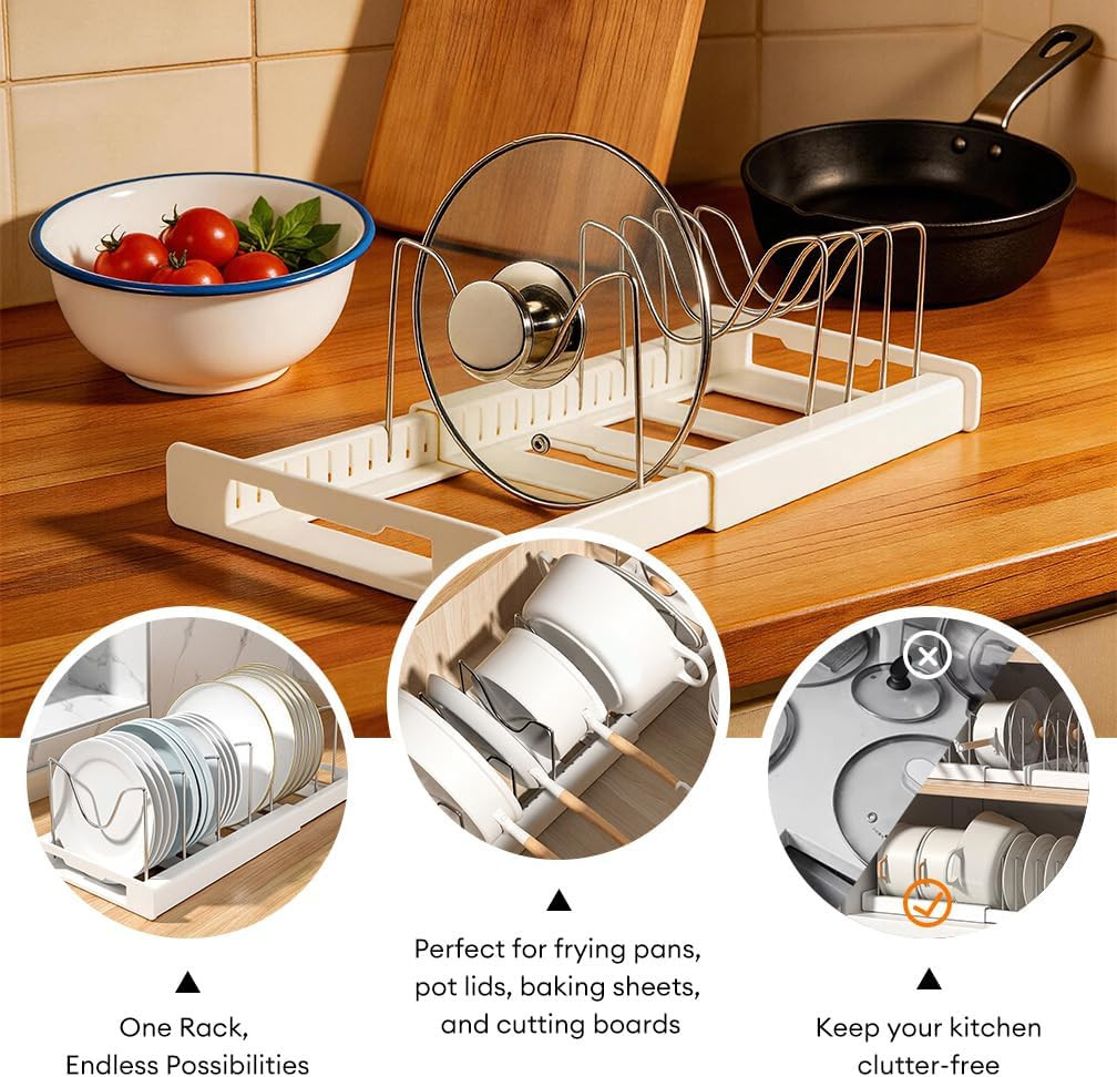 Adjustable Pot & Pan Organizer – Expandable 12"-22" Lid Rack for Cabinets