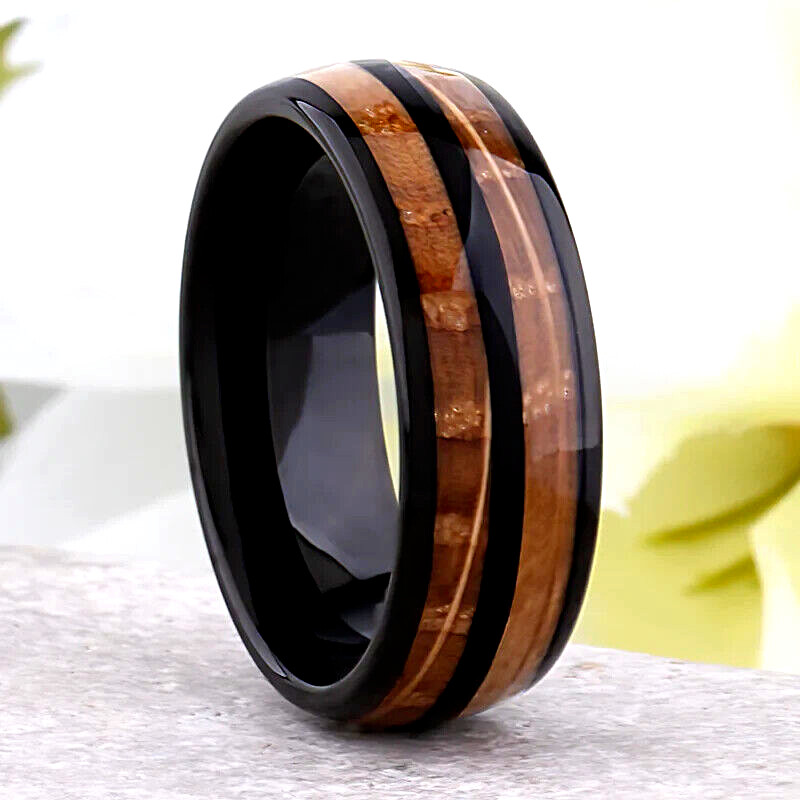 Men 8mm Black Tungsten Whisky Barrel Wood Inlay Polished Engagement Wedding Band