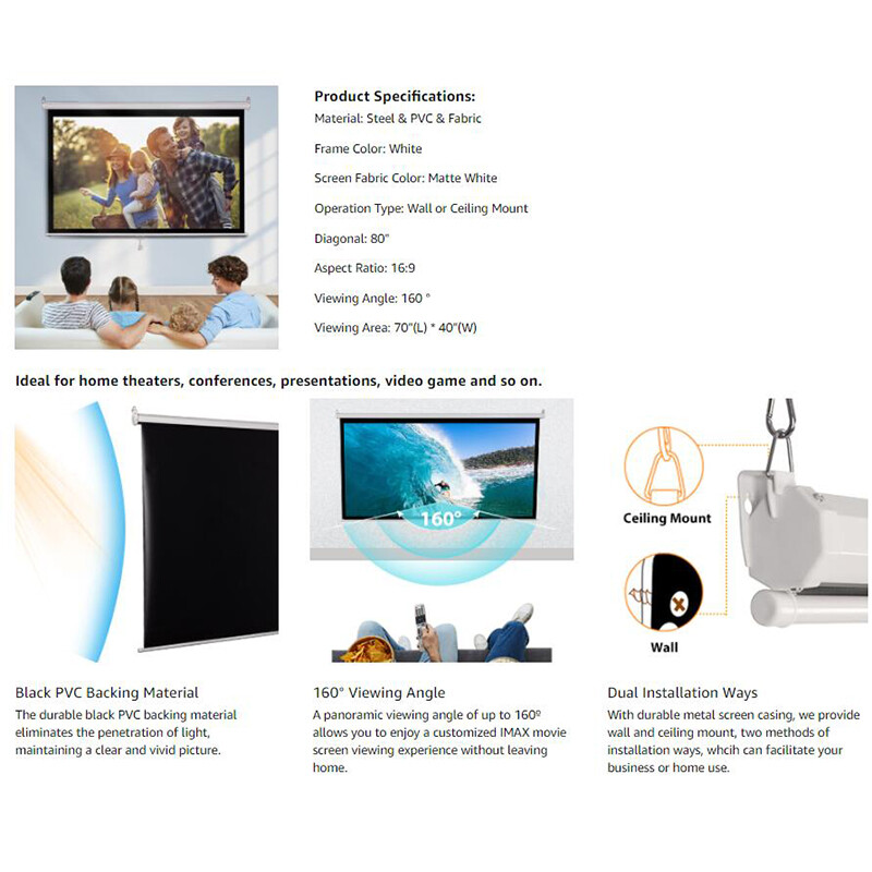 80 inch 16:9 Manual Pull Down Projector Projection Screen Home Theater Movie