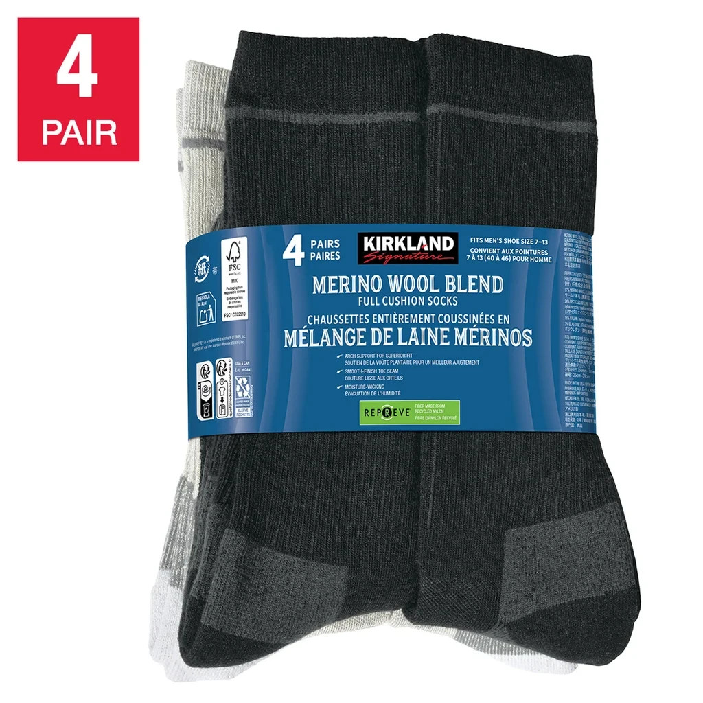 Kirkland Signature Men's Merino Wool Blend 4-pair Sock