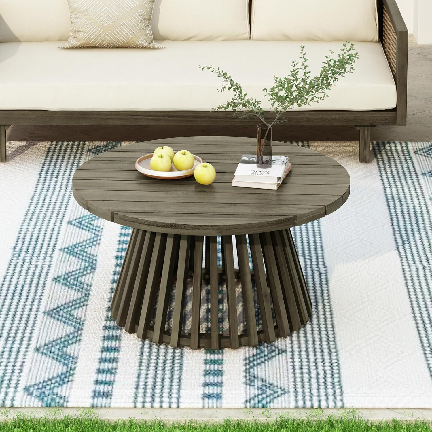 Stylish Grey Acacia Wood Round Coffee Table for Outdoor Spaces