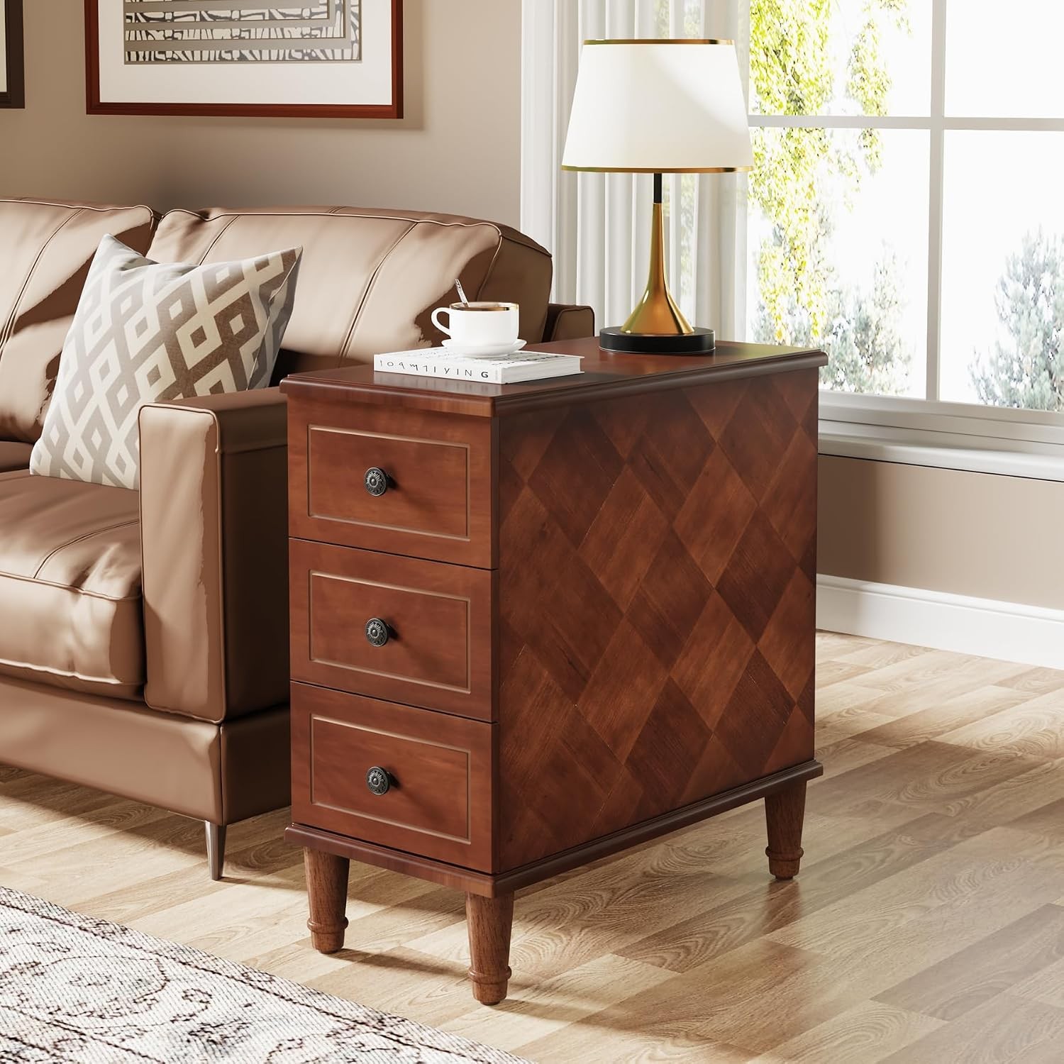 Solid Wood End Table – Narrow Side Table with Drawers