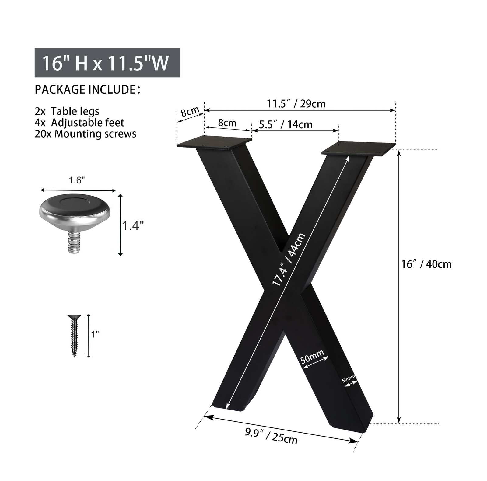16 Inch Bench Legs X Shape Metal Coffee Table Leg Set of 2 16" H x 11.8 W