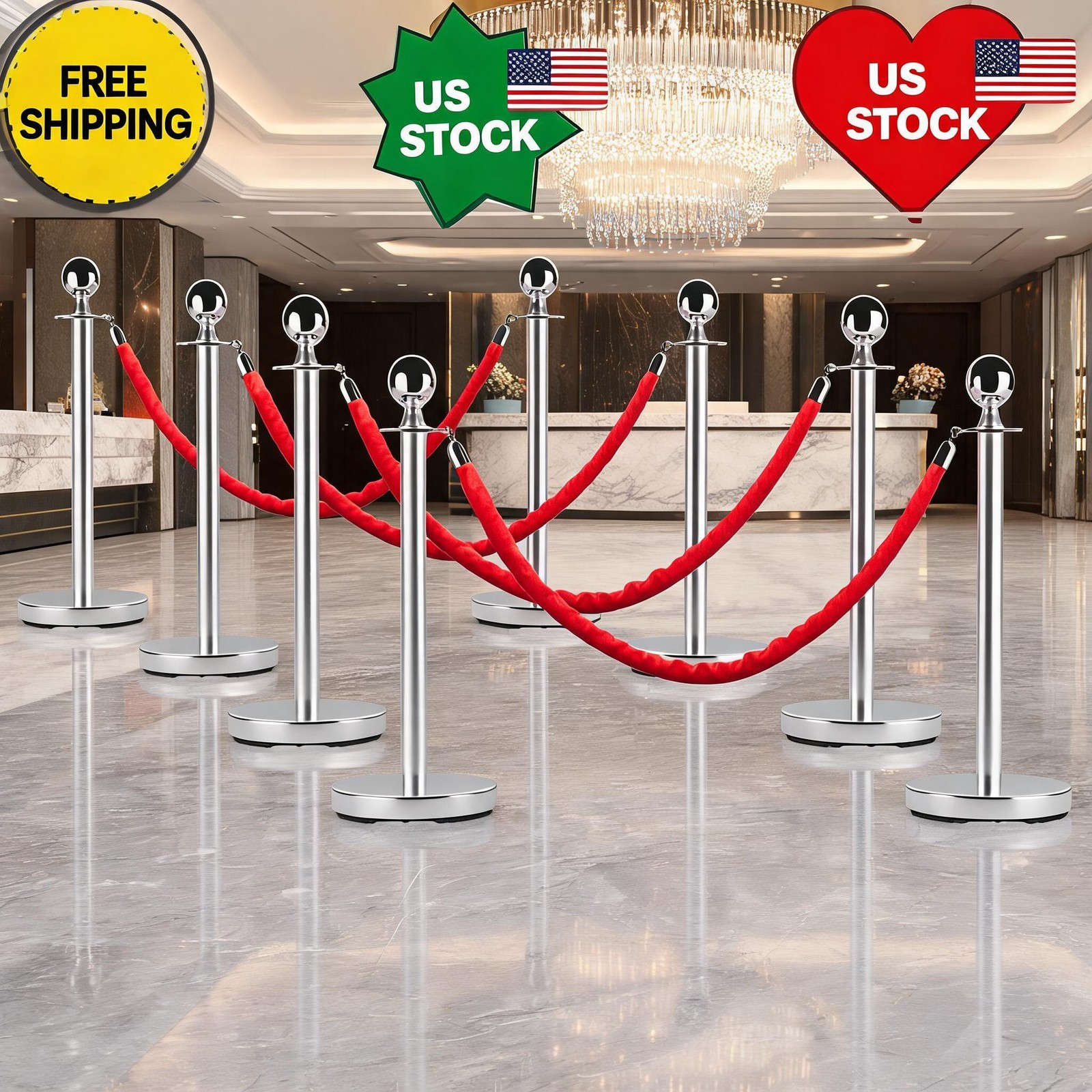8 PCS Steel Stanchion Post Queue 5 ft Red Carpet Ropes and Pole Crowd Stainless