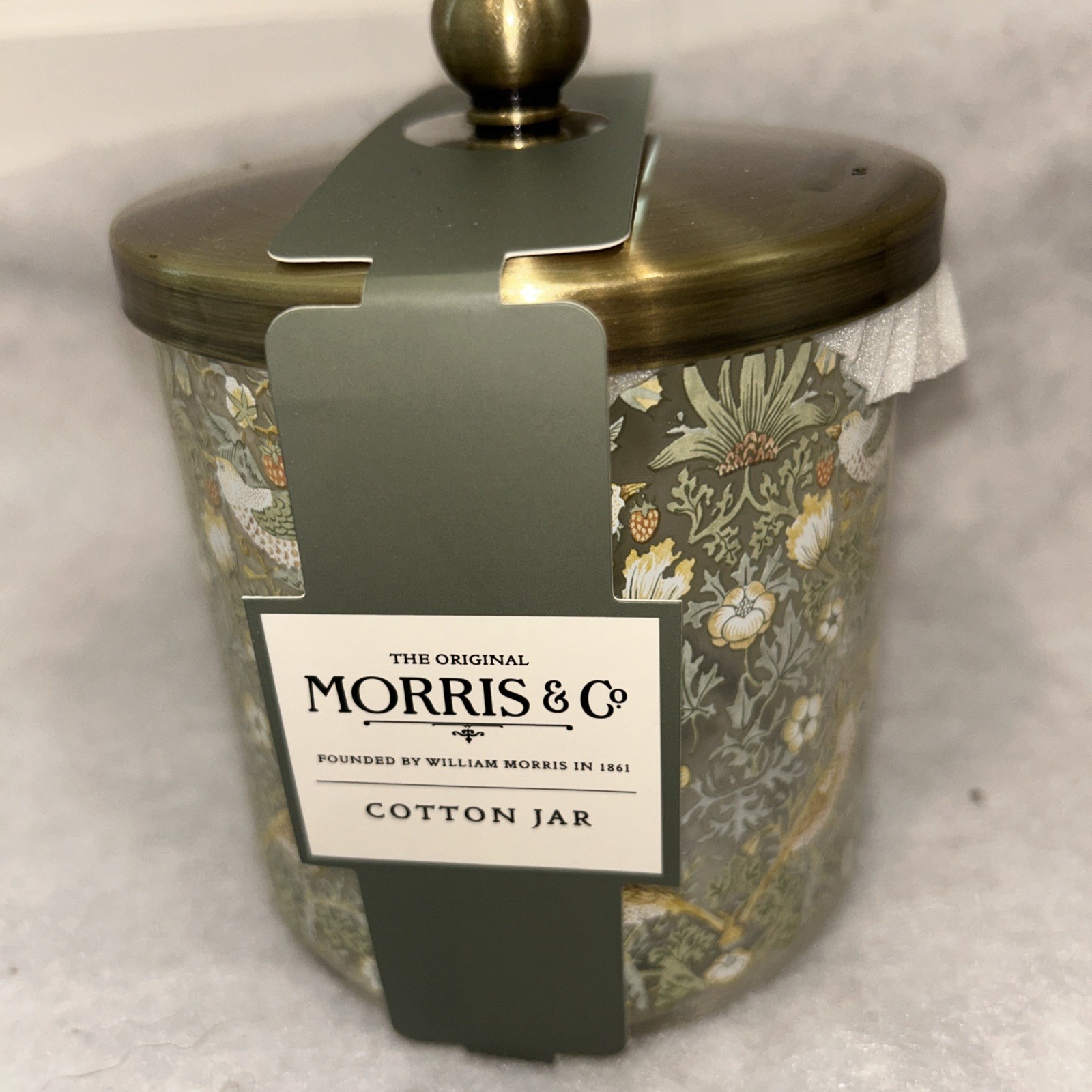 William Morris & Co bathroom vanity Cotton Jar Glass w/metal Strawberry Thief