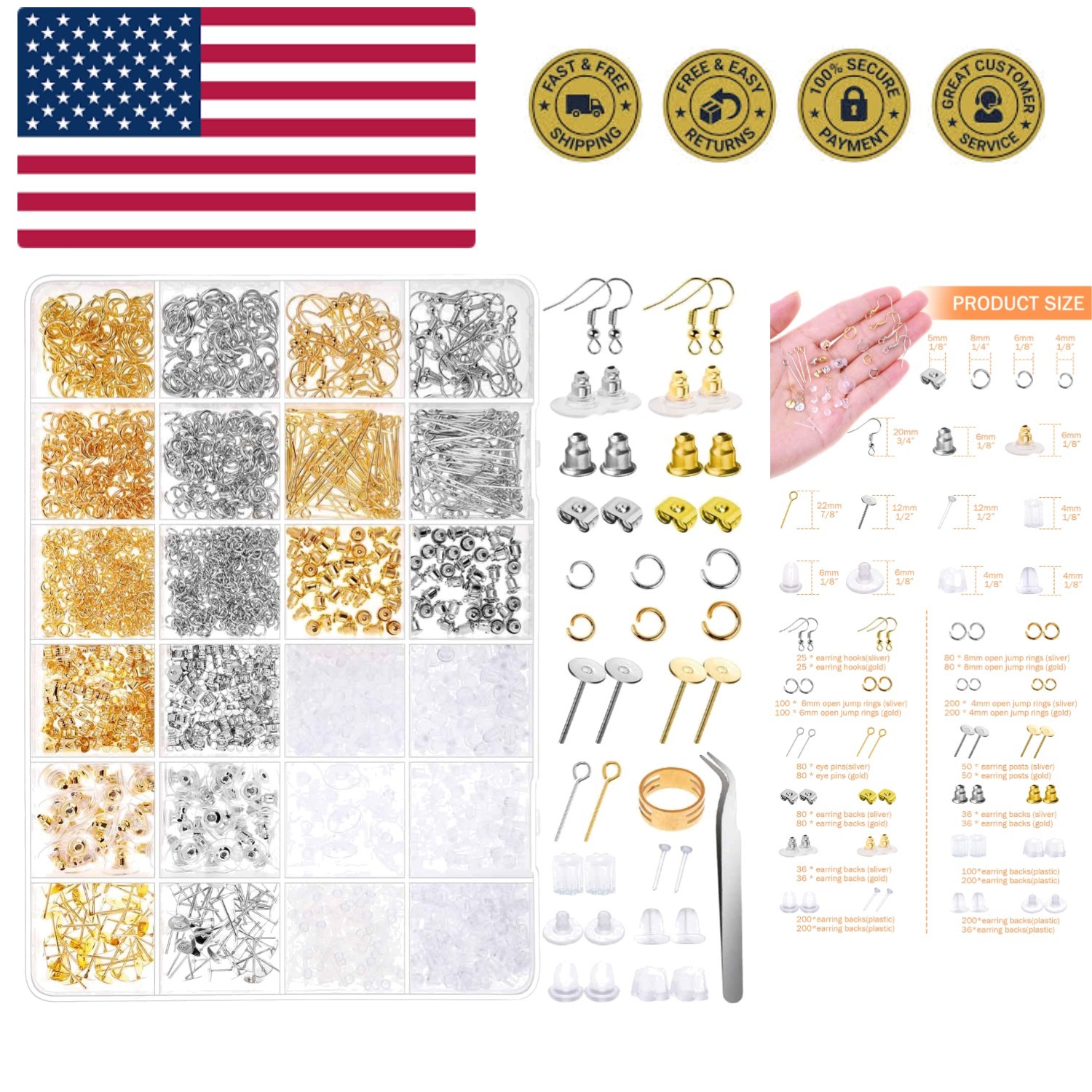 Earring Making Kit with Earring Hooks Findings, Earring Backs Posts, Jump Rin...