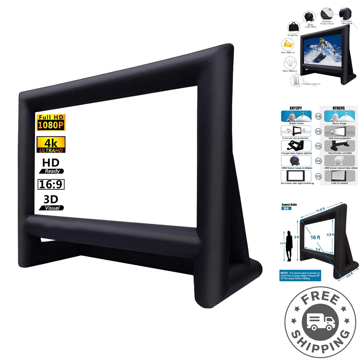 Portable 16ft Inflatable Movie Screen with Easy Carry Bag - Perfect for Parties