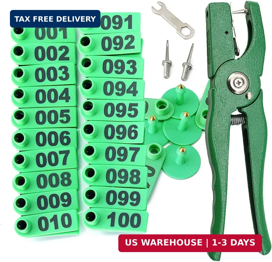 Livestock Animal Ear Tagging Pliers with Spare pins and 001-100 Number Plastic T