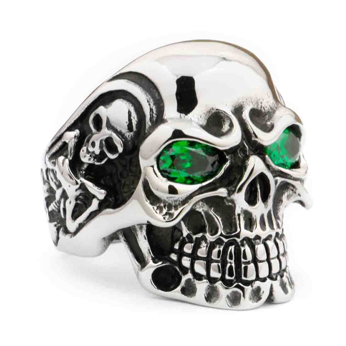 Green CZ Eyes 316L Stainless Steel Titan Skull Mens Boys Biker Rock Ring 3A301D