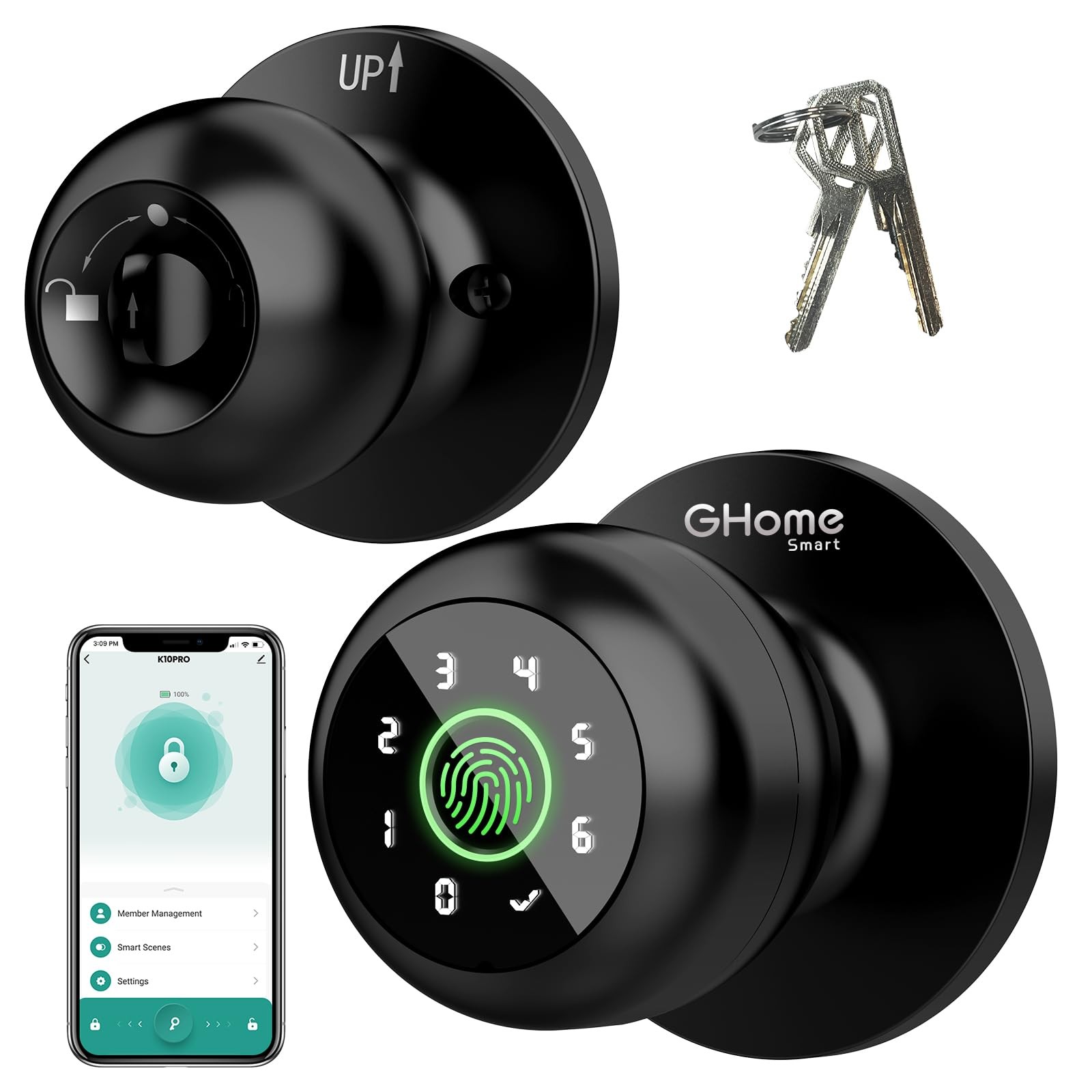 GHome Smart Fingerprint Door Lock, 4 in 1 Knob Black