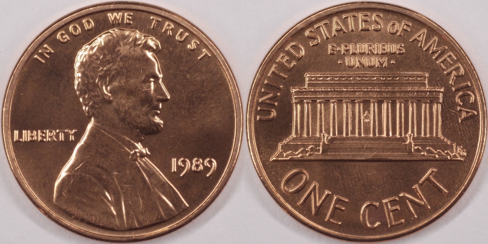 United States 1989 1 Cent Lincoln Memorial KM#201a Copper Plated Zinc
