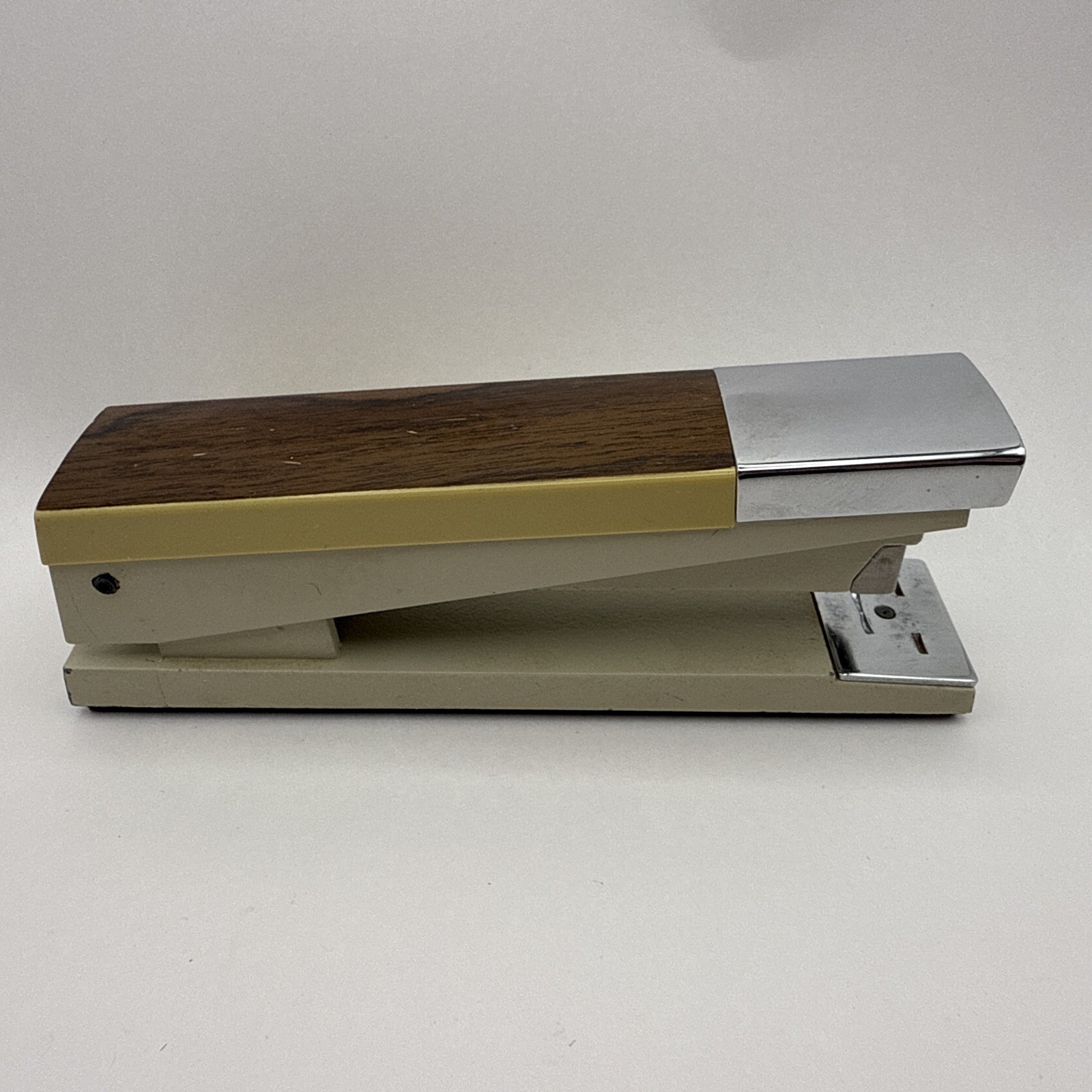 Vintage ACCO 20 1970s Desk Stapler Mid-Century Faux Wood Grain with Chrome