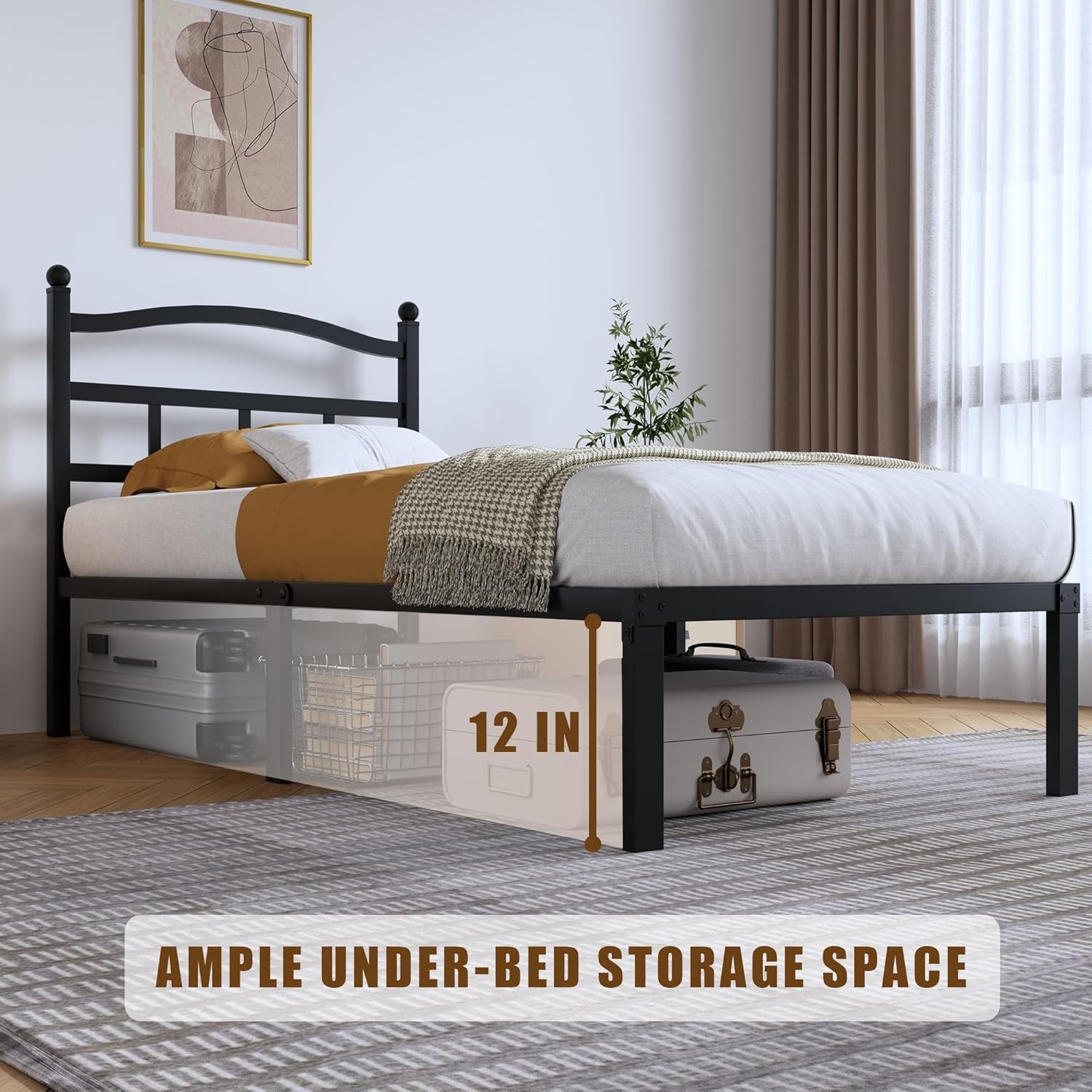 14 Inch Metal Bed Frame Twin Size Heavy Duty Bedframe W/ Headboard Black Basic