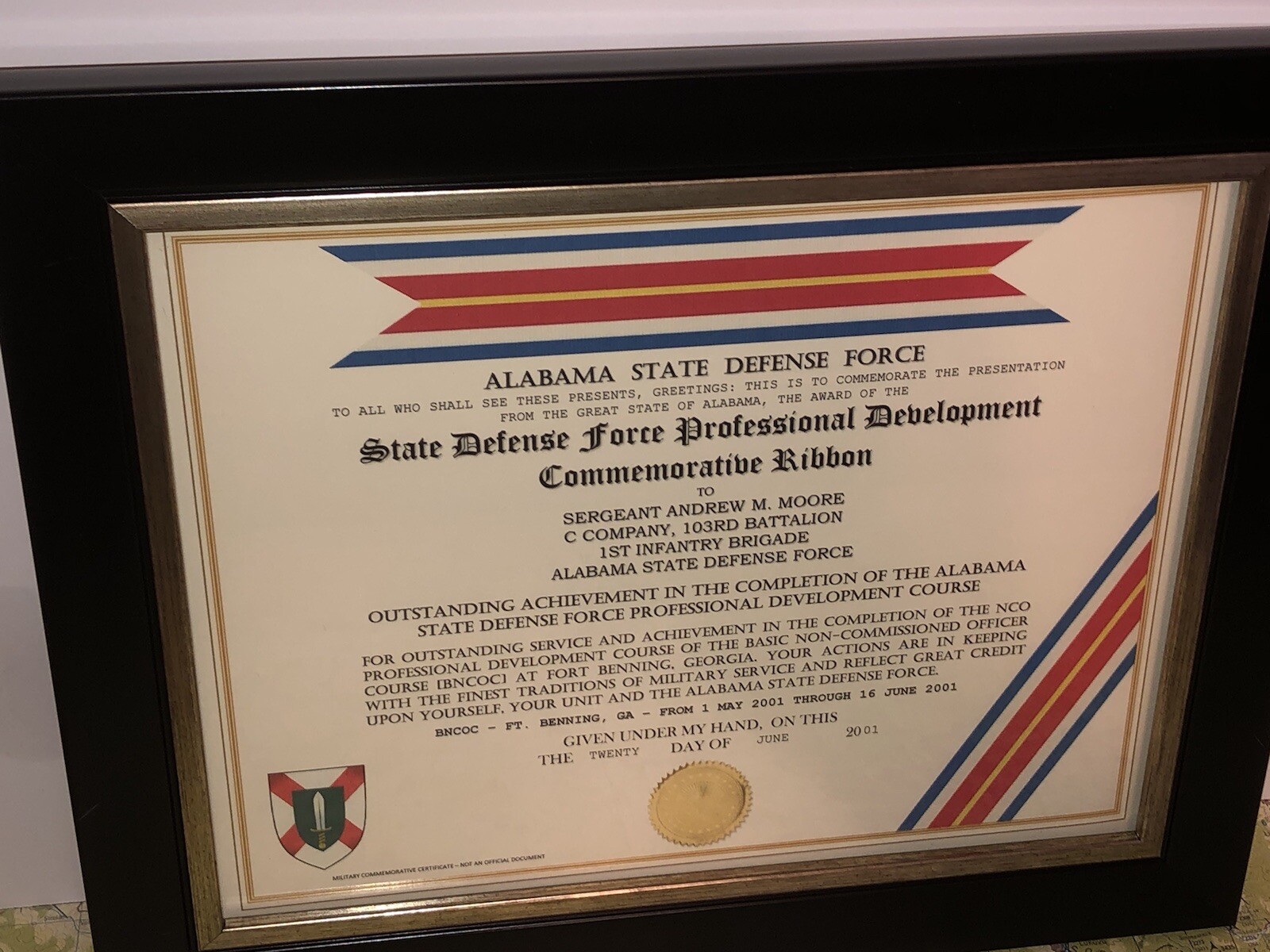 ALABAMA DEFENSE FORCE PROFESSIONAL DEVELOPMENT COMMEMORATIVE RIBBON CERTIFICATE