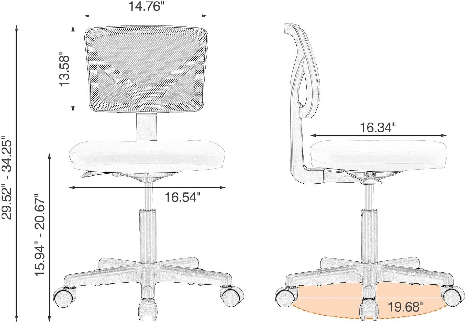 Cute Armless Mesh Office Chair - Low-Back Swivel & Rolling Home Desk Task Chair