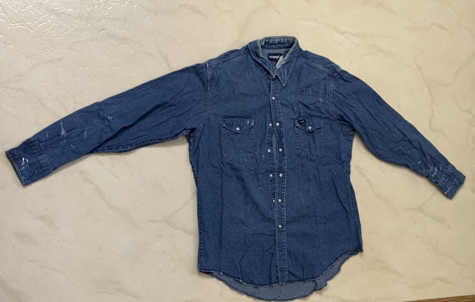 Vintage Wrangler Blue Denim Work Shirt Size 17.5 - 35 Long Distressed Inv H