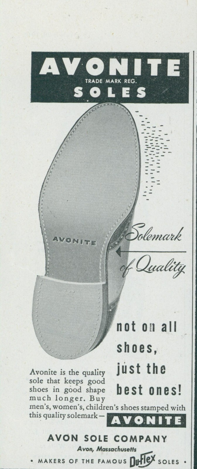 1948 Avonite Shoe Quality Solemark Duflex Soles Avon MA Vintage Print Ad SP14