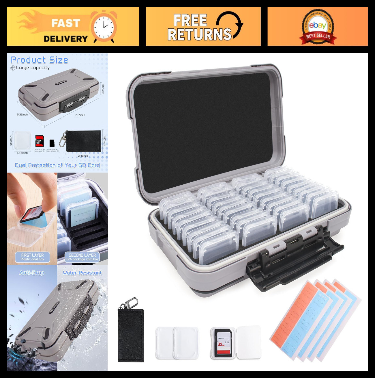 36 Slot Memory Card Case - Light Gray SD Card Holder & Organizer with 36 Clear C