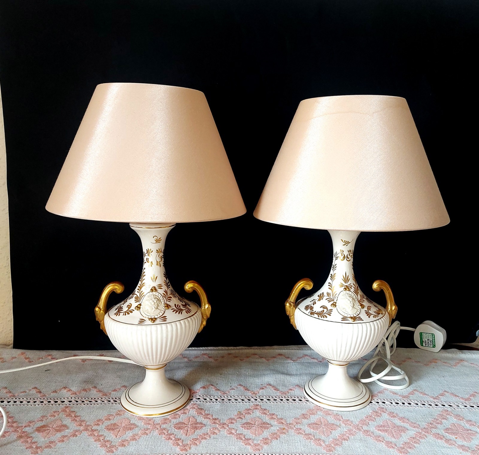 Vintage Pair Neoclassical  Table Lamps Ceramic Gilded  H&E Lewy Italy #3030