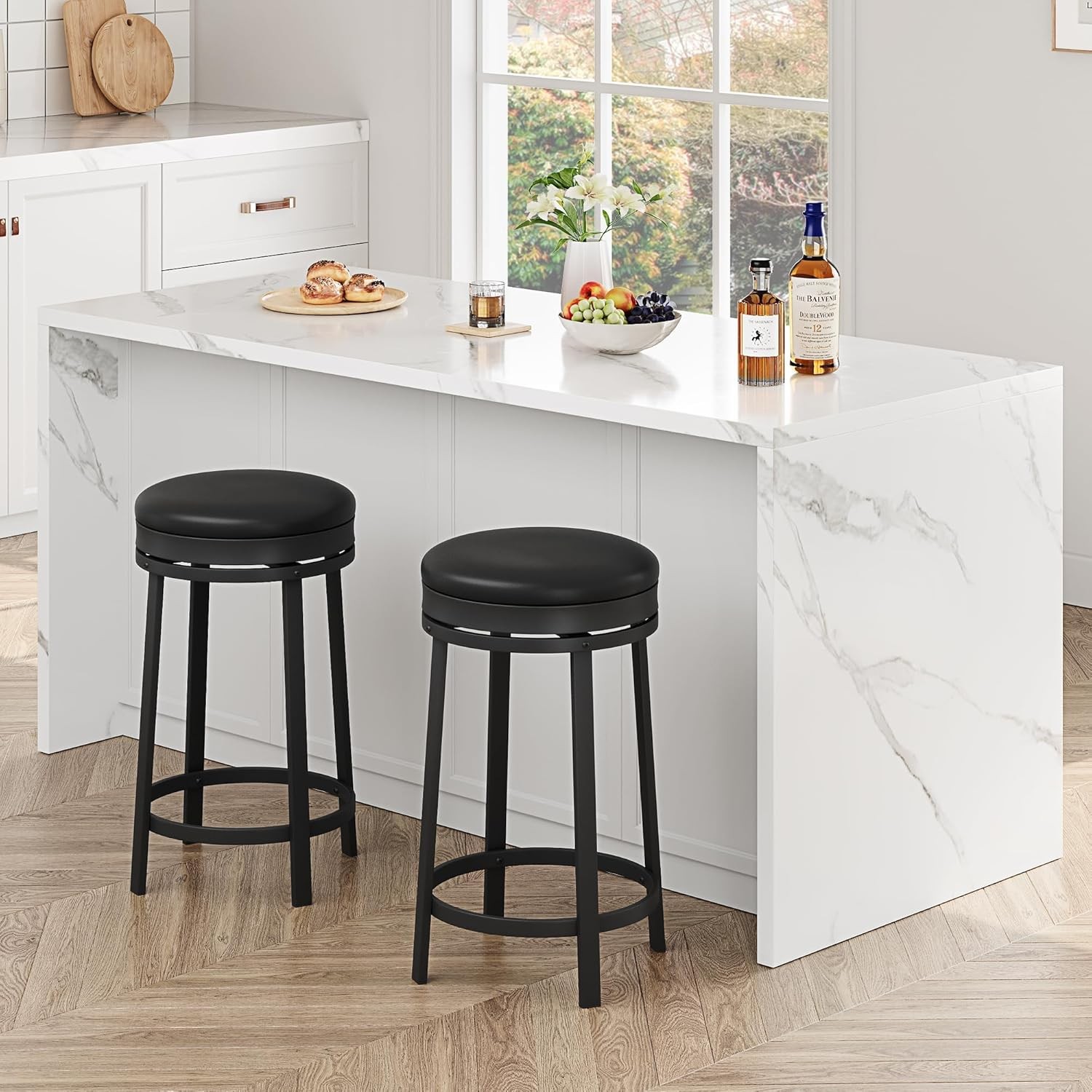 Backless PU Leather Height Stools: 24" Swivel with Adjustable Footrest for Home