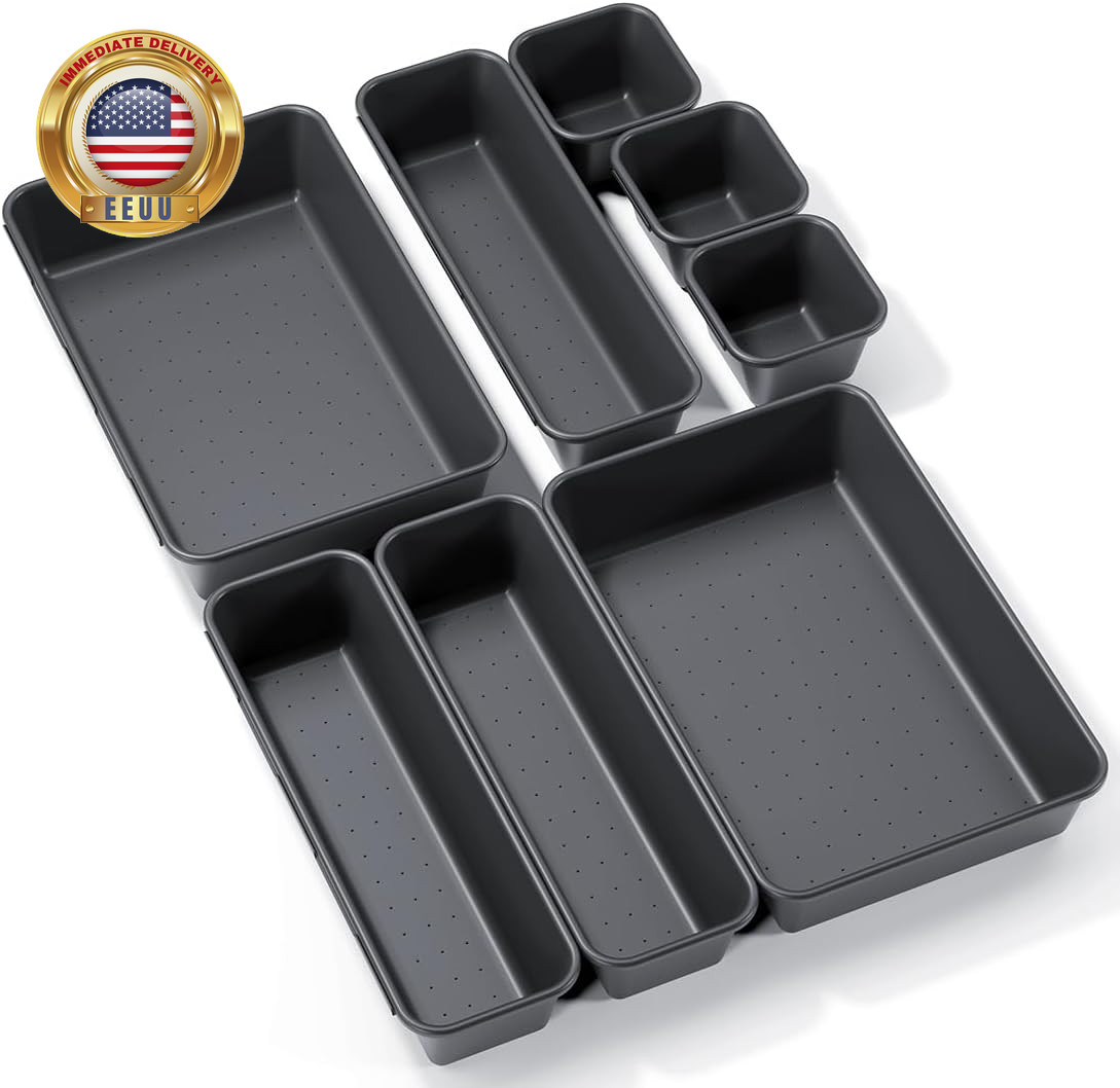 8PCS Plastic Interlocking Drawer Organizer, 3 Sizes Versatile Desk Drawer Organi
