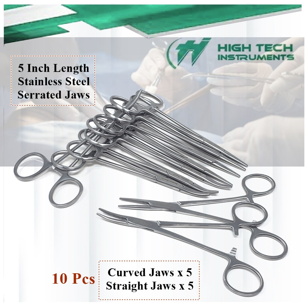 10 Pcs Surgical Locking Hemostat Forceps 5" STR+CRV Jaws Medical Instruments