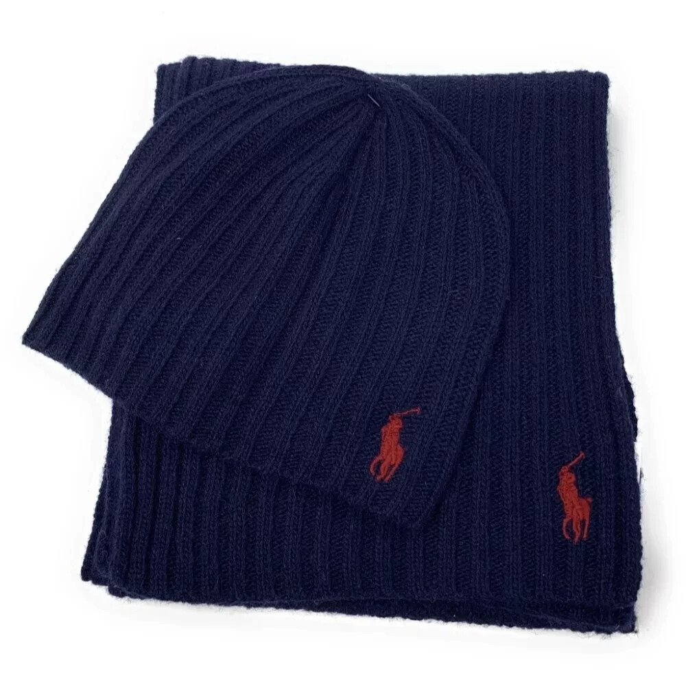 NEW Polo Ralph Lauren Men's Navy 2 Piece Set Hat & Scarf Lambswool Blend
