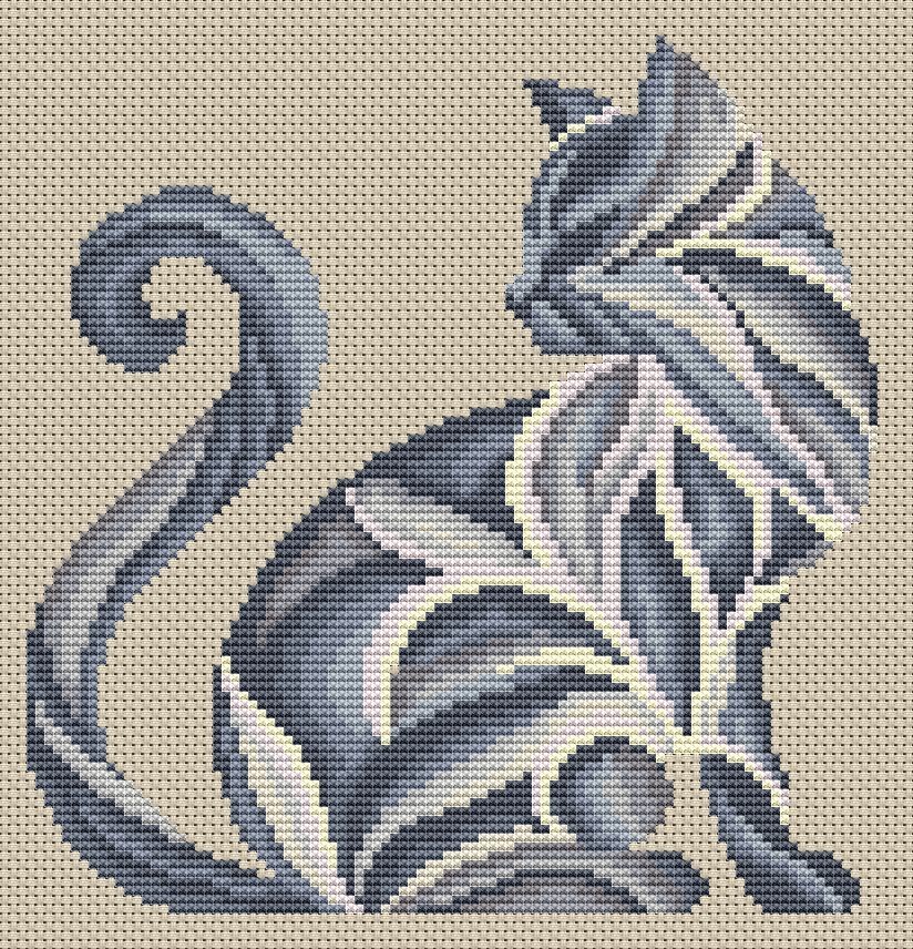 Cross Stitch Printed Pattern Abstract Cat DIY Chart Counted Needlework DMC Color