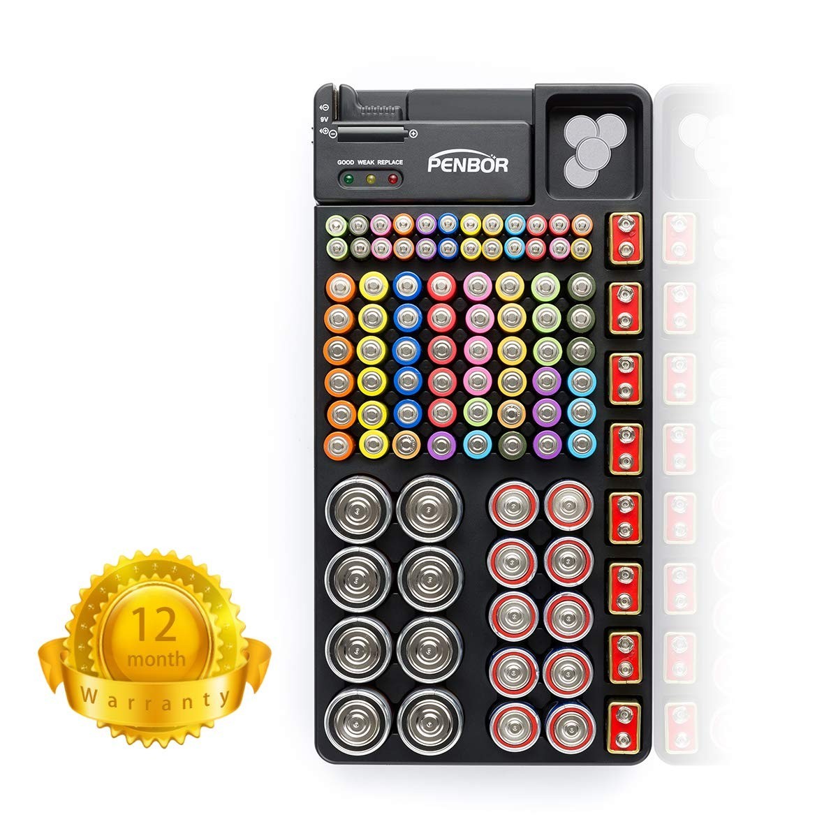 Compact Battery Storage with Tester - Holds 110 Various Sizes, Easy Access
