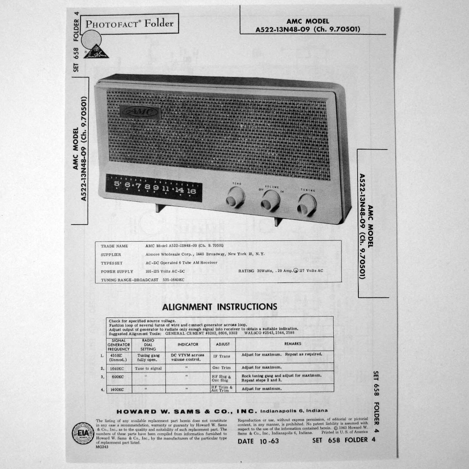 AMC Model A522-13N48-09 Table Top Tube AM Radio SAMS Photofact ™ 1963 New