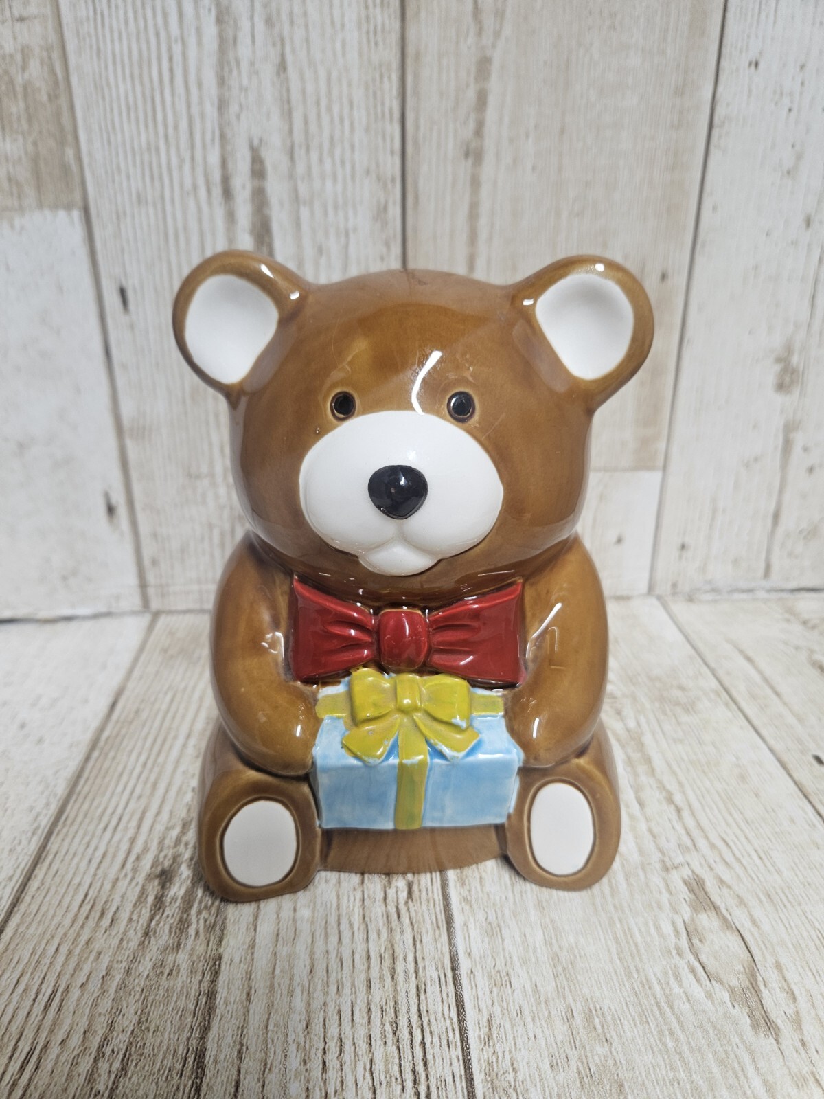 Teddy Bear Holding Gift Planter Ceramic 7"H