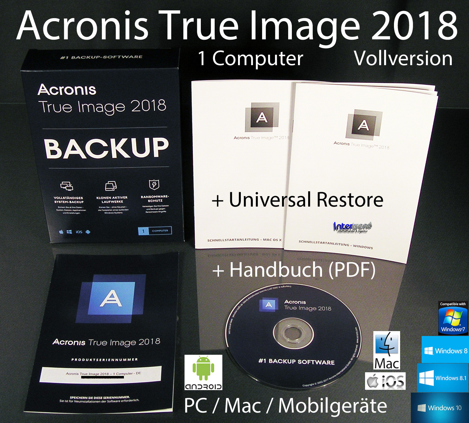 Acronis True Image 2018 Full Version 1 PC/Mac Box, CD + Universal Restore Original Packaging NEW