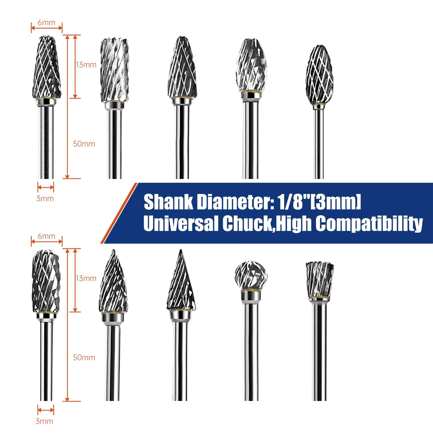 10Pcs Carbide Burr Bits Set Compatible with Dremel 1/8", Rotary Tool Bits with
