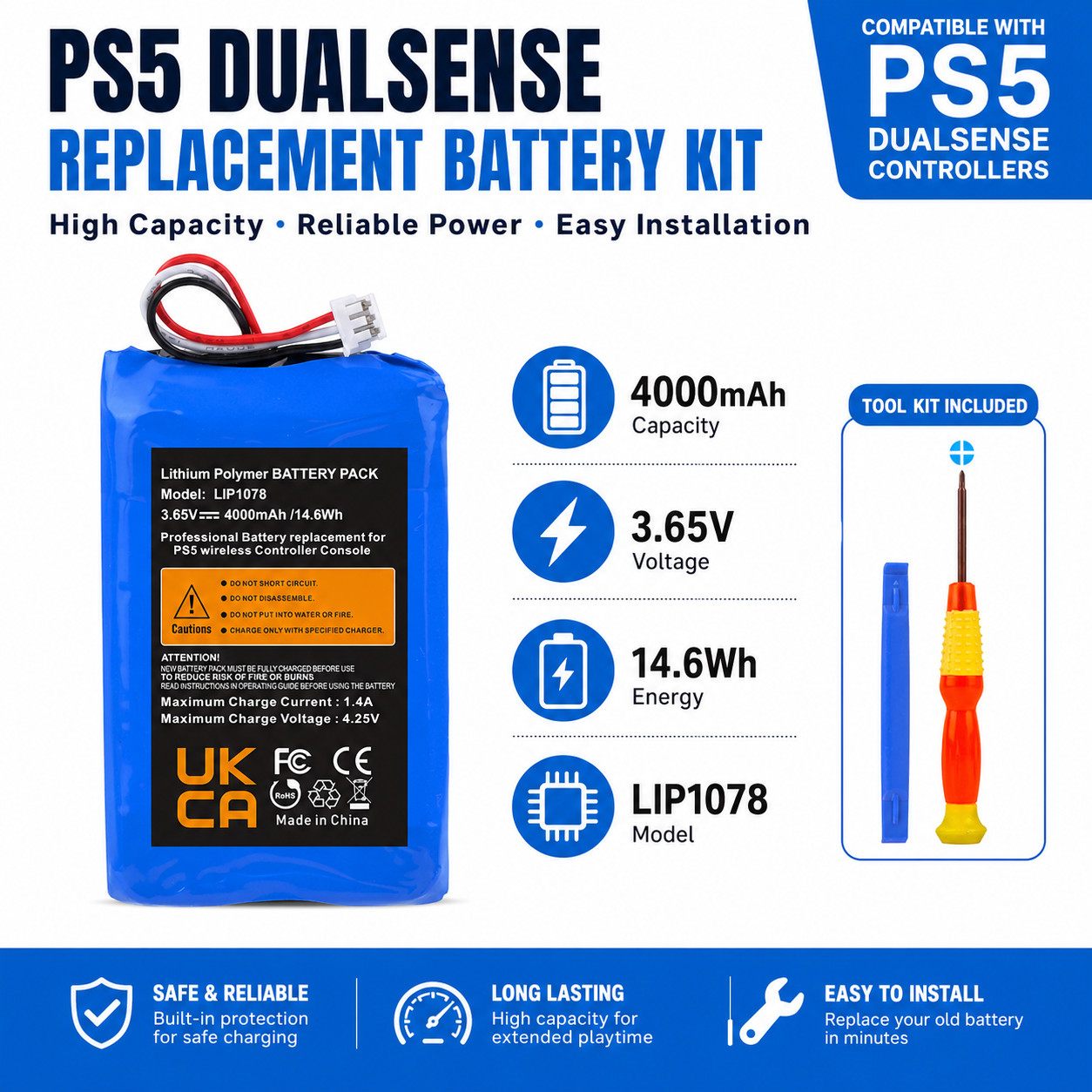 4000mAh Battery Replacement for Sony Playstation 5 Dualsense Controller w/ Tools