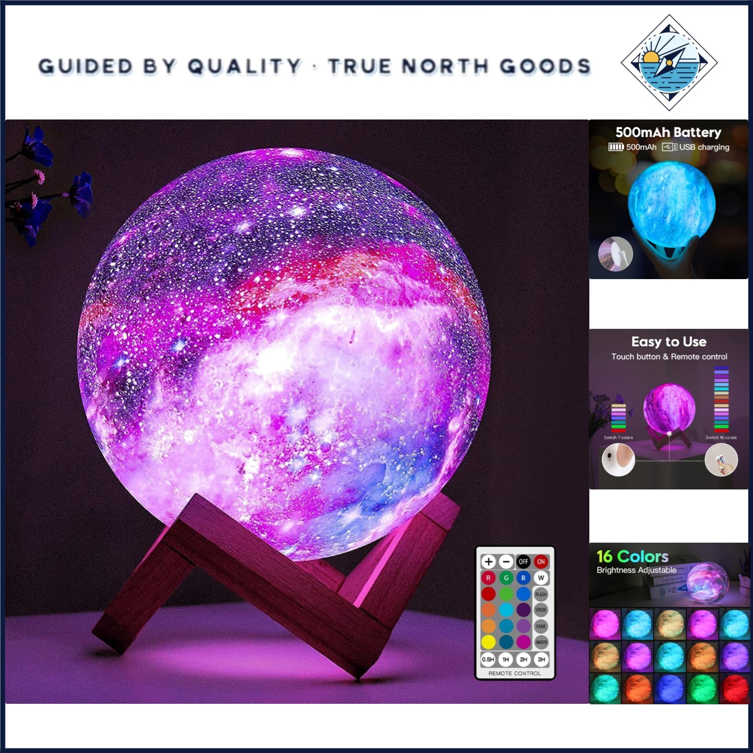 3D Galaxy Moon Lamp with Wooden Base, Adjustable Brightness & Remote Control