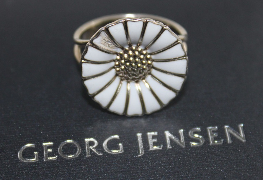 Georg Jensen Sterling Silver Daisy White Enamel Ring 18 mm.Size 54.