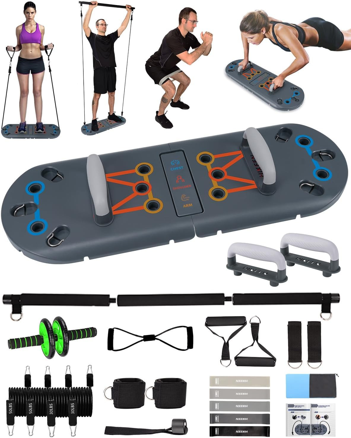 27in1 Portable Home Gym Exercise Kit Push-Up Board, Bands, Ab Roller Pilates Bar