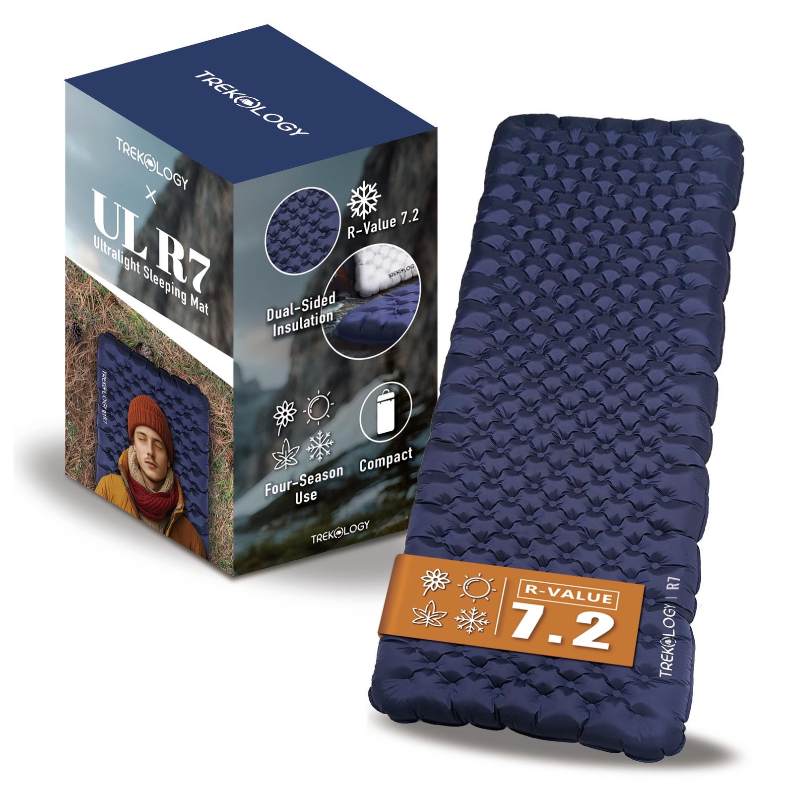 TREKOLOGY Sleeping Pad for Camping– Ultra-Lightweight, 4" Thick Single, Blue