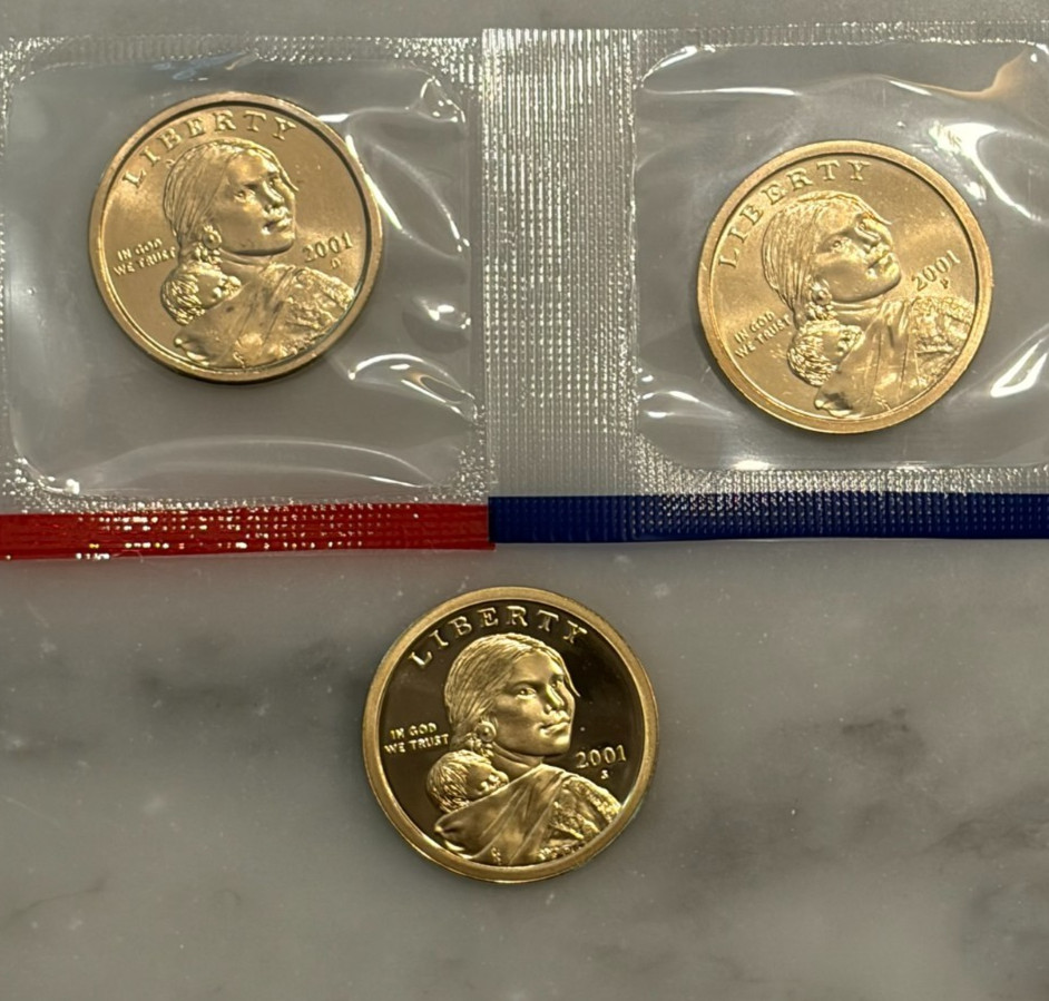 2001 P D S Sacagawea Native American Dollar - Proof & BU 3 Coin Lot - Mint Cello