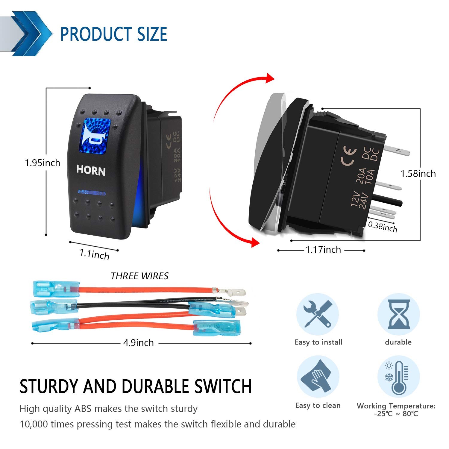 Momentary Horn Button Waterproof Rocker Switch Toggle - ON/OFF Blue LED Light...