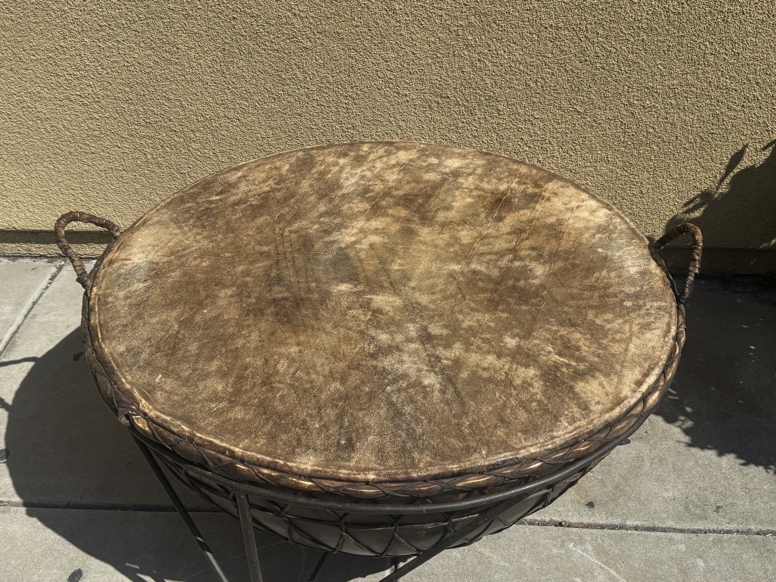AFRICAN STYLE KETTLE DRUM Huge 39" diameter riveted steel metal with stand
