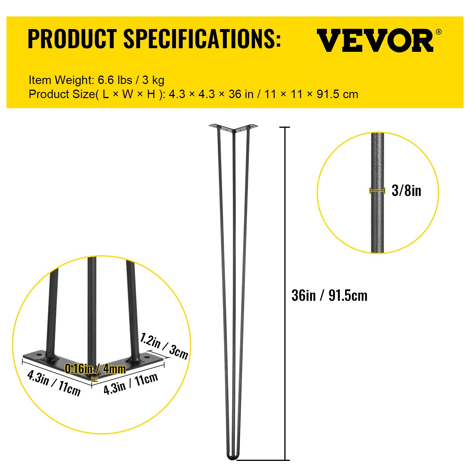 36 Inch Black Hairpin Table Legs Set of 4 Durable Steel for DIY Furniture Pro...
