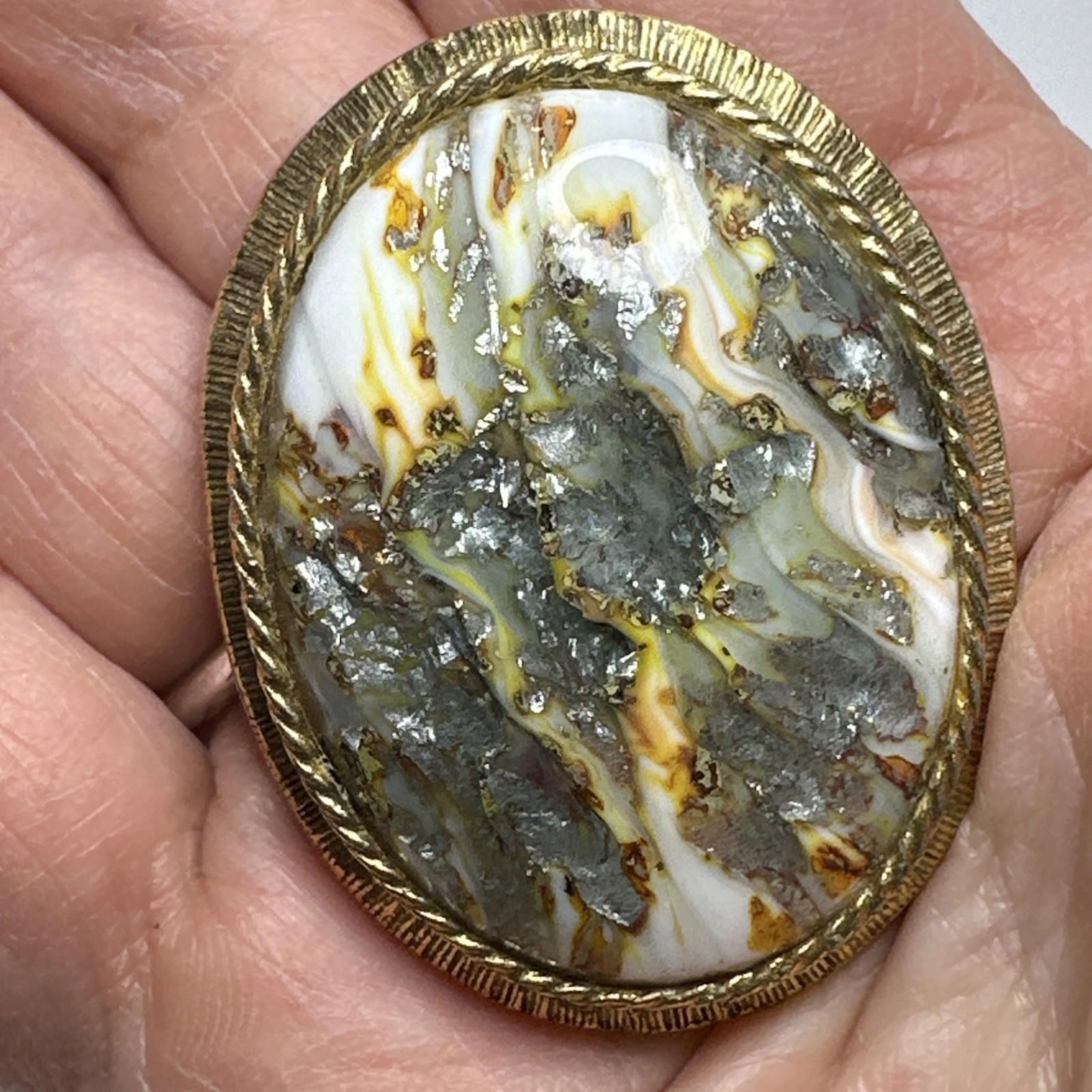 Vintage Original by Robert Brooch Pendant Mottled Stone Goldtone Setting Pretty