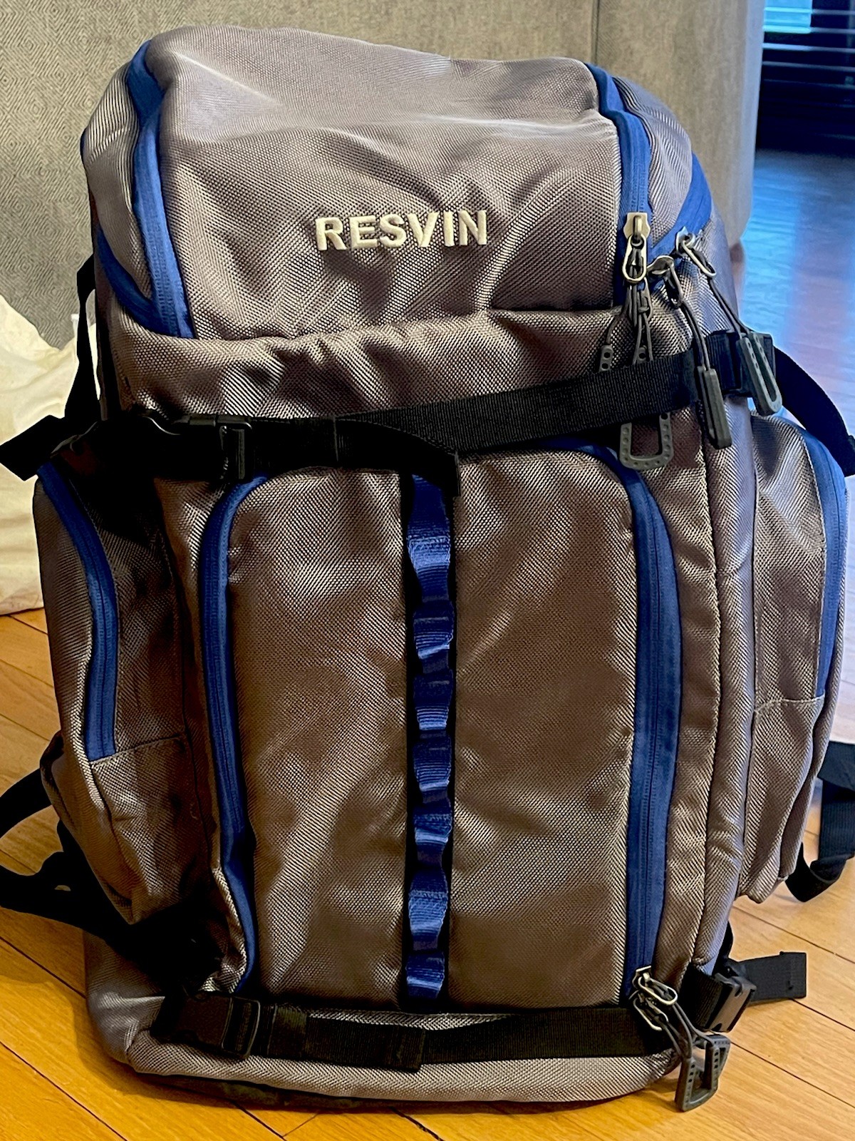 RESVIN Hiking Backpack Gray Blue Zip Buckle External Pockets Padded Straps