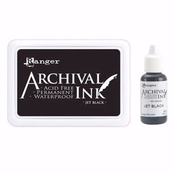 Ranger Archival Ink JET BLACK Stamp Pad #0 Standard Size + 0.5 oz Refill Reinker